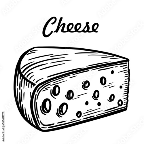 Hand drawn vector sketch of cheese. Pieces, slices, cutting isolated on white background.