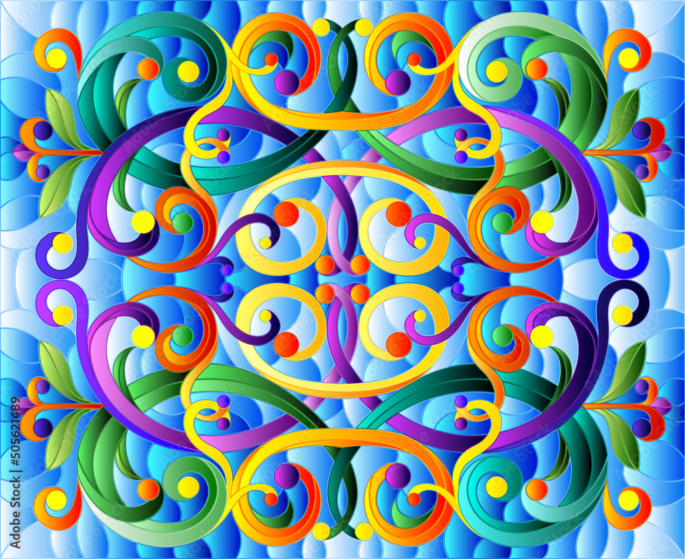 Illustration in stained glass style with abstract swirls,flowers and leaves on a blue background,horizontal orientation Illustration in stained glass style with abstract swirls,flowers and leaves on a blue background,horizontal orientation