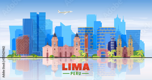 Lima (Peru) skyline with panorama in white background. Vector Illustration. Business travel and tourism concept with modern buildings. Image for presentation, banner, web site.