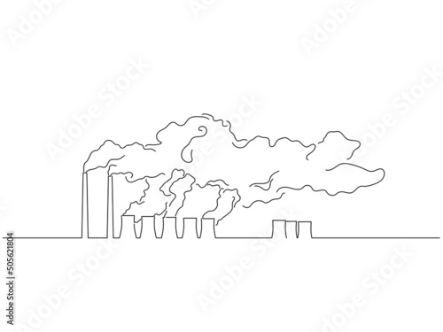 Global warming and climate change concept in line art drawing style. Composition of polluting emissions from a factory. Black linear sketch isolated on white background. Vector illustration design.