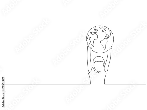 Ecology and climate change concept in line art drawing style. Composition of a kid holding an earth globe. Black linear sketch isolated on white background. Vector illustration design.