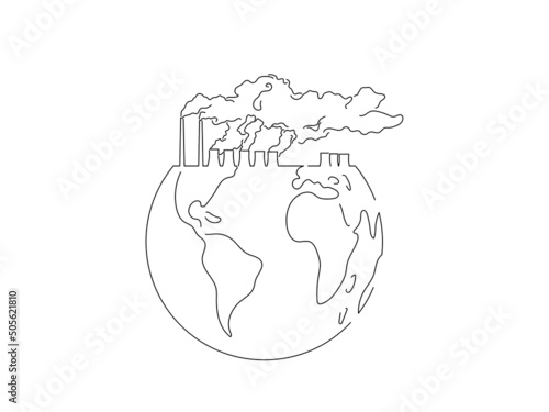 Global warming and climate change concept in line art drawing style. Composition of polluting emissions from a factory. Black linear sketch isolated on white background. Vector illustration design.