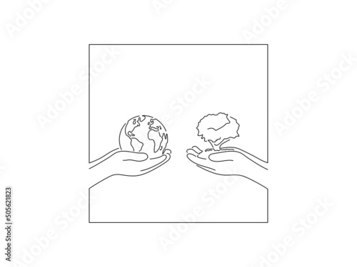 Ecology and climate change concept in line art drawing style. Composition of hands holding an earth globe and a tree. Black linear sketch isolated on white background. Vector illustration design.