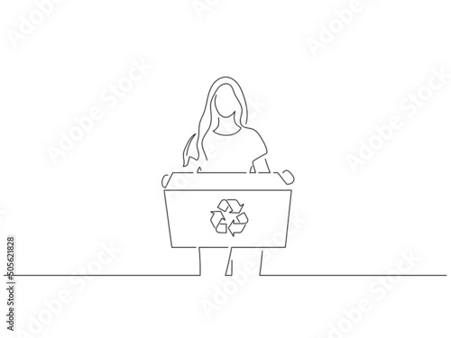 Ecology and climate change concept in line art drawing style. Composition of people recycling. Black linear sketch isolated on white background. Vector illustration design.
