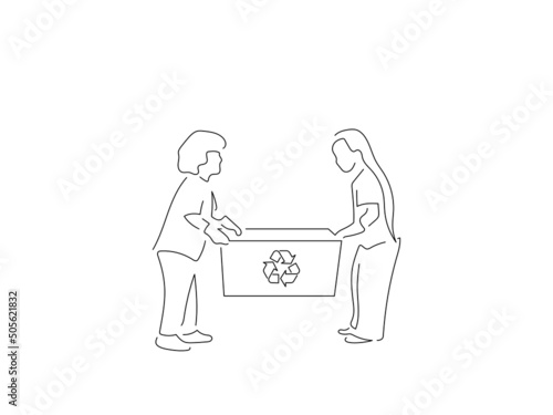 Ecology and climate change concept in line art drawing style. Composition of people recycling. Black linear sketch isolated on white background. Vector illustration design.