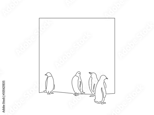 Global warming and climate change concept in line art drawing style. Composition of penguins surviving. Black linear sketch isolated on white background. Vector illustration design.