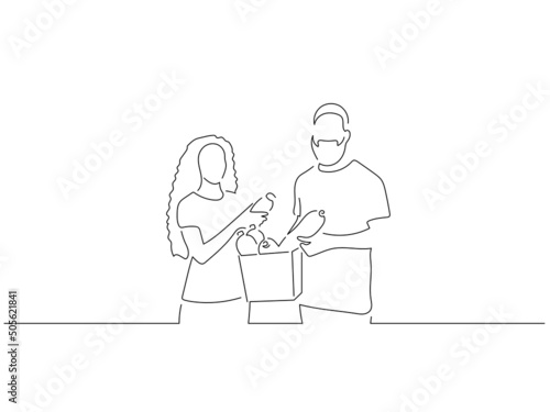 Ecology and climate change concept in line art drawing style. Composition of people recycling. Black linear sketch isolated on white background. Vector illustration design.