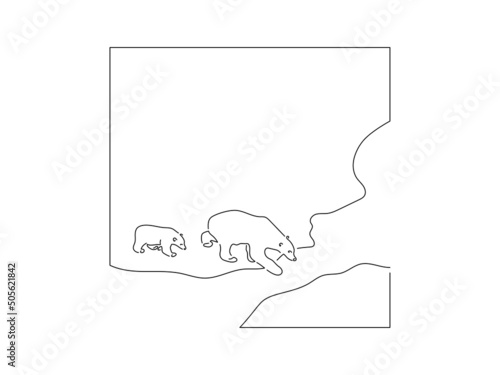 Global warming and climate change concept in line art drawing style. Composition of polar bears surviving. Black linear sketch isolated on white background. Vector illustration design.