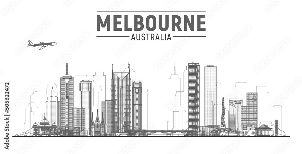 Fototapeta premium Melbourne Australia skyline vector illustration. White background with city panorama. Travel picture. Image for Presentation Banner Placard and Web Site.