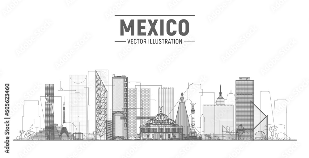 Mexico line city skyline on a white background. Flat vector illustration. Business travel and tourism concept with modern buildings. Image for banner or web site.