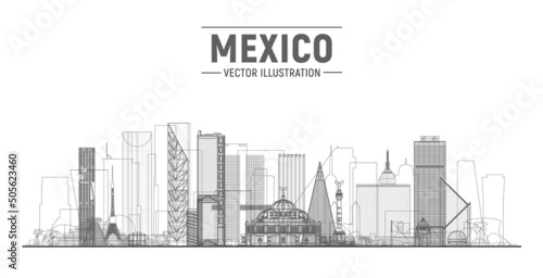 Mexico line city skyline on a white background. Flat vector illustration. Business travel and tourism concept with modern buildings. Image for banner or web site.