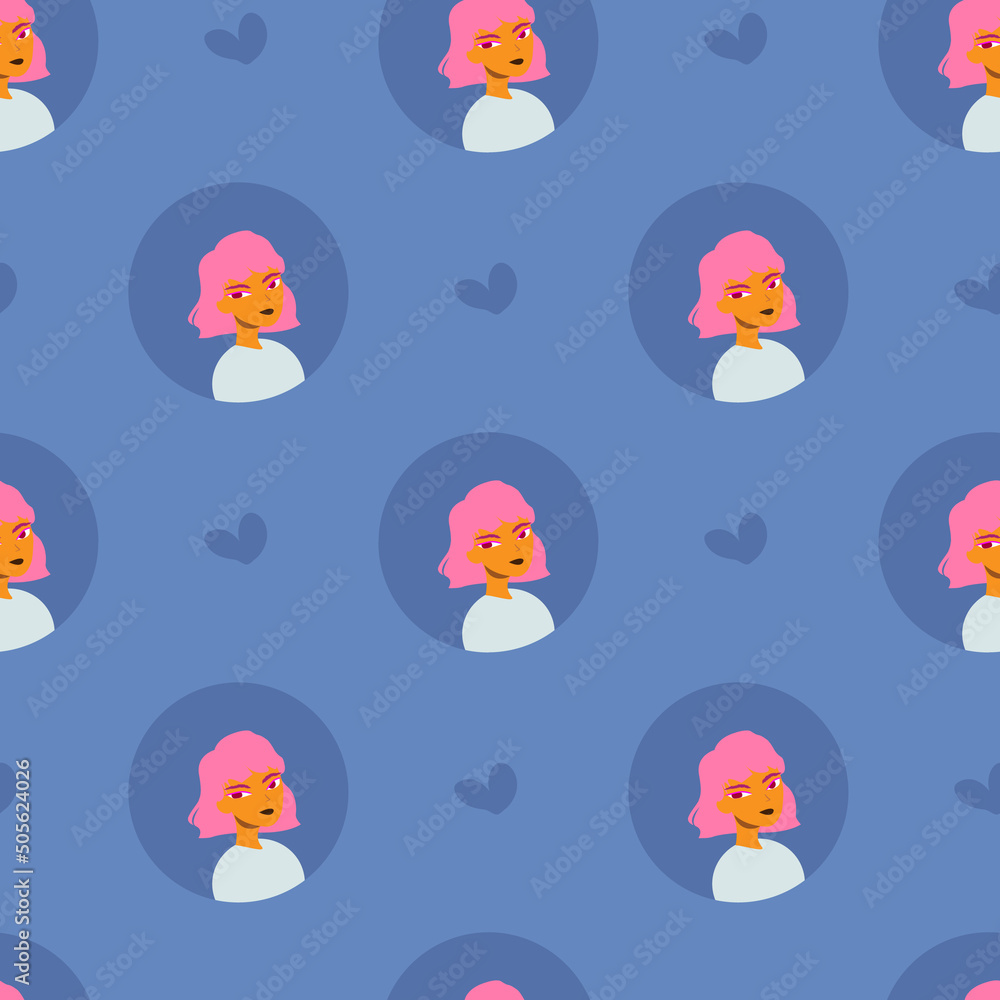 Vector pattern with girl, woman, female face for wrappers, fabric, gift wrapping, wallpaper. Stylish pink hair, blue background Vector pattern with girl, woman, female face for wrappers, fabric, gift wrapping, wallpaper. Stylish pink hair, blue background