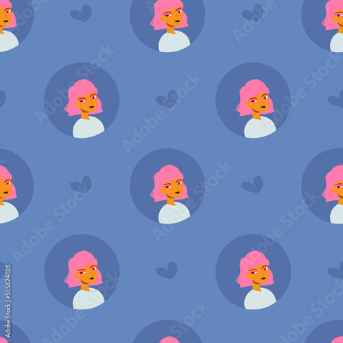 Vector pattern with girl, woman, female face for wrappers, fabric, gift wrapping, wallpaper. Stylish pink hair, blue background