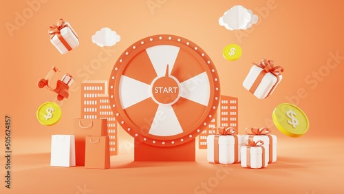 Roulette Event  3d Orange fortune spinning wheel for online promotion events. Concept of winning the biggest discount as jackpot prize. photo