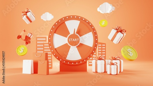 Roulette Event  3d Orange fortune spinning wheel for online promotion events. Concept of winning the biggest discount as jackpot prize.