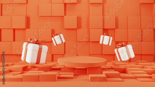3d rendering of promotion sale with orange podium gifts, shopping bag and balloon on minimal orange background.
