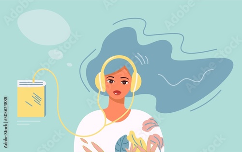 Banner with a beautiful young woman in headphones listening to an audiobook. The girl is listening to a podcast. The concept of online learning lessons. Vector flat illustration for web design