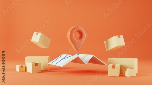 concept online shopping on social media app. 3d orange map check in paper boxs , chat message, delivery, orange gift . suitable for promotion of digital stores, web and ad. 3d renderillustration photo