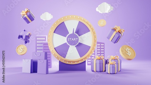 Roulette Event 3d purple fortune spinning wheel for online promotion events. Concept of winning the biggest discount as jackpot prize.