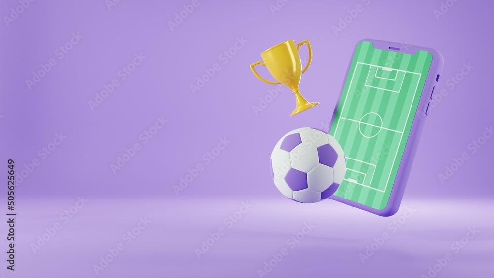 Εκτύπωση καμβά Realistic golden cup, football red,  soccer ball on football field in smartphone screen on golden coins background