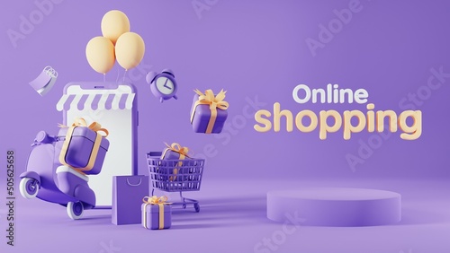 3d rendering of promotion sale with gifts, shopping bag and credit card on purple background. 3d rendering