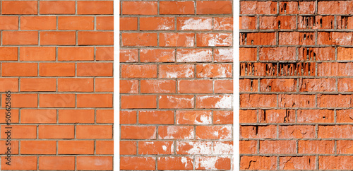 A set of images with varying degrees of destruction of a brick wall as a result of the action of water. photo