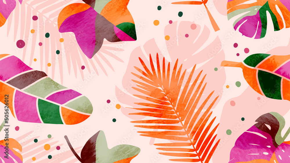 Tropical foliage in seamless pattern background. Colorful watercolor texture wallpaper with palm, monstera leaves, branches. Hand drawn tropical plants design for fabric, banner, prints, packaging. - obrazy, fototapety, plakaty 