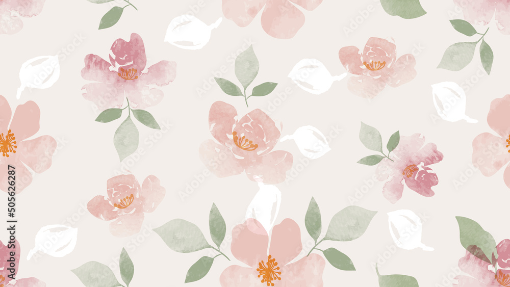 Abstract floral in seamless pattern background. Pink flower petals, blooms, leaves on wallpaper. Blossom fabric pattern with watercolor texture for banner, prints, packaging.
