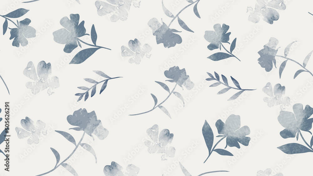 Abstract floral in seamless pattern background. Blue flowers, flower petals, blooms, leaves, leaf branches on wallpaper. Blossom fabric pattern with watercolor texture for banner, prints, packaging. - obrazy, fototapety, plakaty 