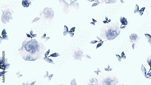 Abstract floral in seamless pattern background. Blue flowers, roses, leaves, butterfly, and blooms on yellow wallpaper. Blossom fabric pattern with watercolor texture for banner, prints, packaging.
