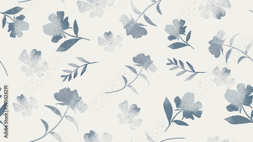 Abstract floral in seamless pattern background. Blue flowers, flower petals, blooms, leaves, leaf branches on wallpaper. Blossom fabric pattern with watercolor texture for banner, prints, packaging.