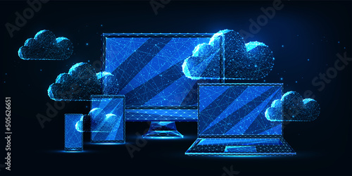 Futuristic cloud computing, technology concept with glowing computer, laptop, smartphone, tablet 