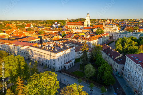 Aerial spring evening view in sunny Vilnius old town