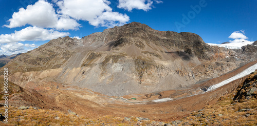 Impressive rock face of the Punta del Lago Bianco above the Vallelunga glacier. The glacier is in rapid retreat caused by global warming, Alto Adige, Italy. Popular mountain with climbers