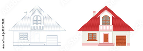 Outlined and colored pink house. Coloring page outline of home. Buildings project style. Vector village or city house.