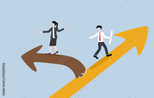 Withdrawal from business due to team conflict, different target direction, member discord concept. Businesswoman walking away from direction of coworker to her own way. 