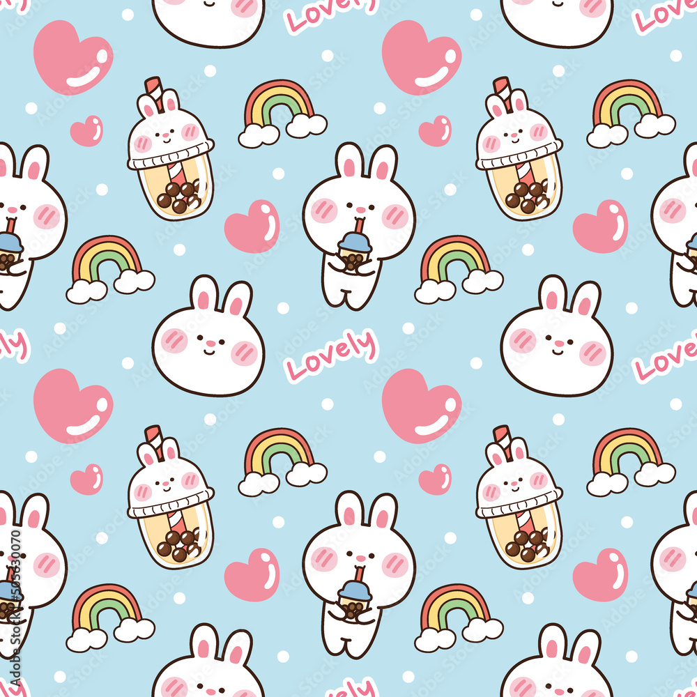 Seamless pattern of cute rabbit with bubble milk tea on blue    for wallpaper,texture,   . Stock Vector | Adobe Stock
