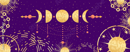 Celestial astrological background with moon phase and constellations. Mystical astrology, celestial space with golden signs. Vector illustration.