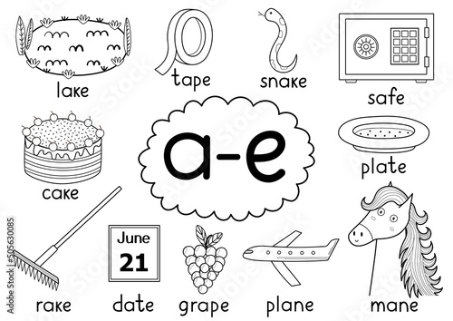 A-e digraph spelling rule black and white educational poster for kids with words. Learning phonics for school and preschool. Phonetic worksheet. Vector illustration photo
