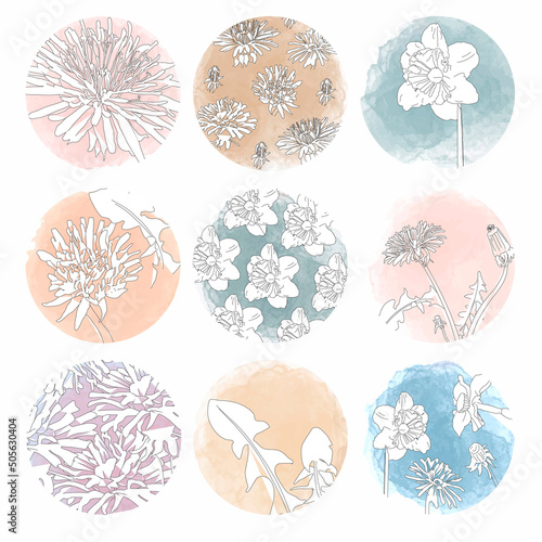 Highlight cover set, abstract floral botanical icons for social media. Vector illustration. watercolor design. Set of Instagram Story Highlights Covers Icons. Colorful watercolor background
