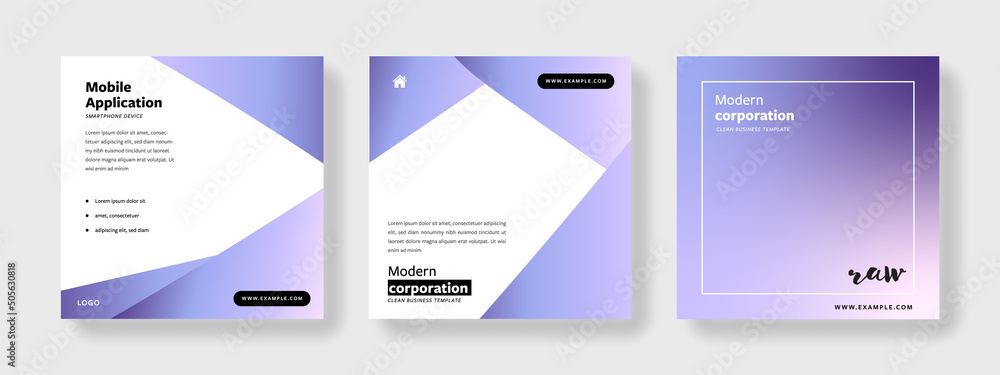 minimal editable social media layouts with purple accent and place for photos, simple square design for instagram and facebook minimal editable social media layouts with purple accent and place for photos, simple square design for instagram and facebook