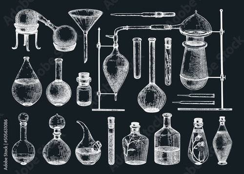 Hand-sketched glass equipment collection for perfumery and cosmetics making. Chemicals and alchemy glassware illustration on chalkboard. Perfume bottles, jars, flasks drawings in engraved style