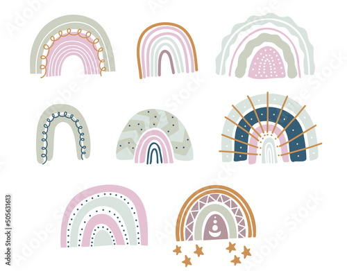 Set of rainbows with hearts, clouds, rain in a childish scandinavian style isolated on a white background. Perfect for kids, posters, prints, postcards, fabric.