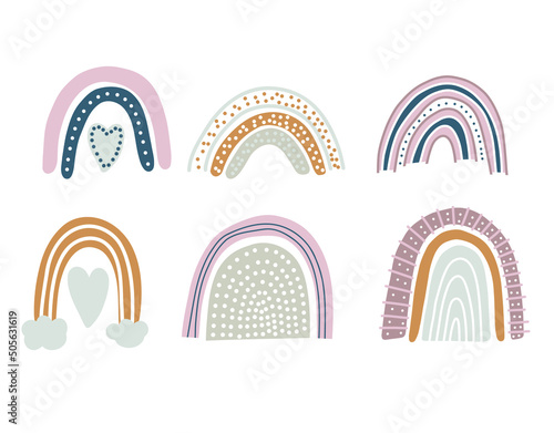 Set of rainbows with hearts, clouds, rain in a childish scandinavian style isolated on a white background. Perfect for kids, posters, prints, postcards, fabric.