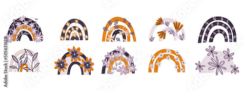 Set of rainbows with hearts, clouds, rain in a childish scandinavian style isolated on a white background. Perfect for kids, posters, prints, postcards, fabric.