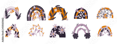 Set of rainbows with hearts, clouds, rain in a childish scandinavian style isolated on a white background. Perfect for kids, posters, prints, postcards, fabric.