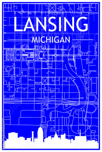 Technical drawing printout city poster with panoramic skyline and streets network on blue background of the downtown LANSING, MICHIGAN