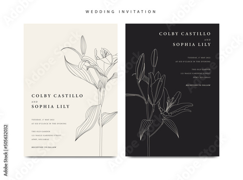Minimalist wedding invitation template with lily flower