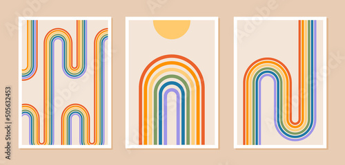 Set of abstract posters with rainbow and sun or moon. Contemporary minimalist background in modern boho style. Mid century wall decor, art print with LGBT symbol. Pride patterns. Vector illustration.