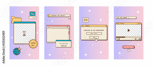 Social media ig story templates in old school nostalgic design with computer interface elements. Retro 80s 90s aesthetic backgrounds. Set of vintage vertical banners in vaporwave Y2K style. Vector.